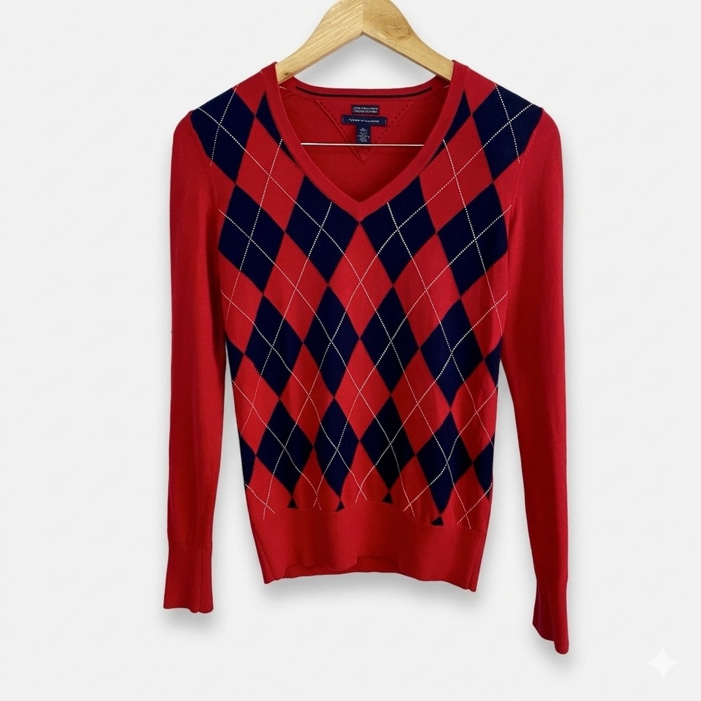 Tommy Hilfiger Red Argyle V-Neck Sweater 100% Pima Cotton XS Preppy - Picture 2 of 8